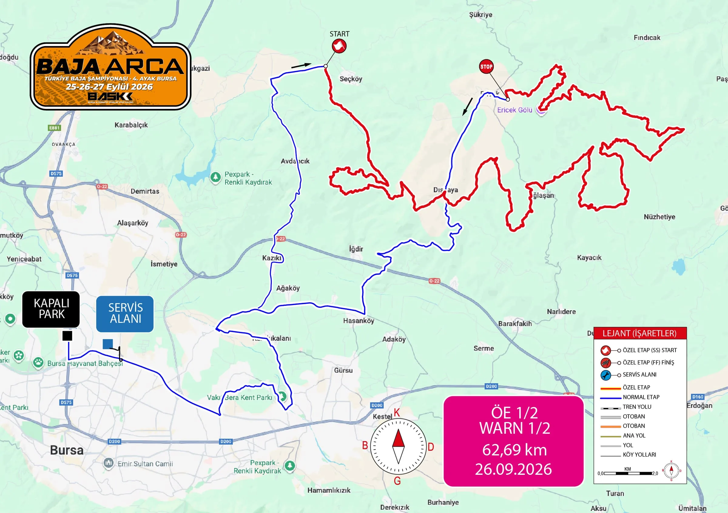 Cumartesi haritası — ÖE 1/2 WARN, 62,69 km, 26.09.2026. Servis alanından Seçköy yakınındaki starta bağlantı yolu ve Ericek Gölü yakınında biten özel etap.