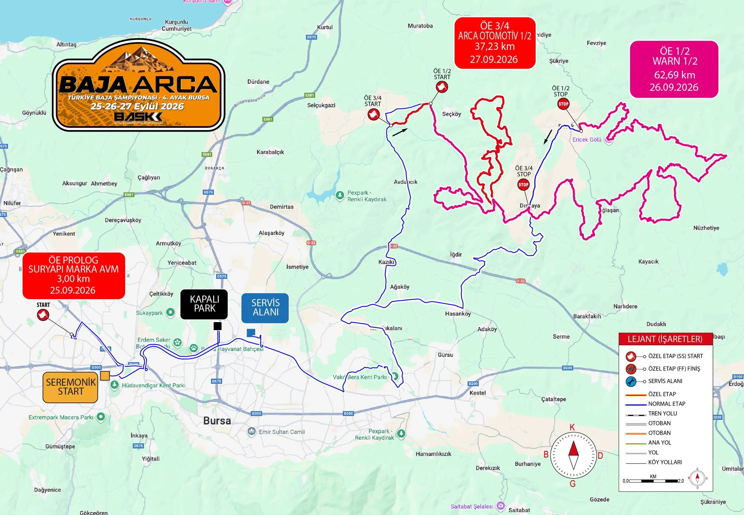 Baja Arca 2026 genel haritası: Sur Yapı Marka AVM'deki Prolog (3,00 km, 25.09.2026), WARN özel etabı (ÖE 1/2, 62,69 km, 26.09.2026) ve Arca Otomotiv özel etabı (ÖE 3/4, 37,23 km, 27.09.2026); seremonik start, kapalı park ve servis alanı işaretli.