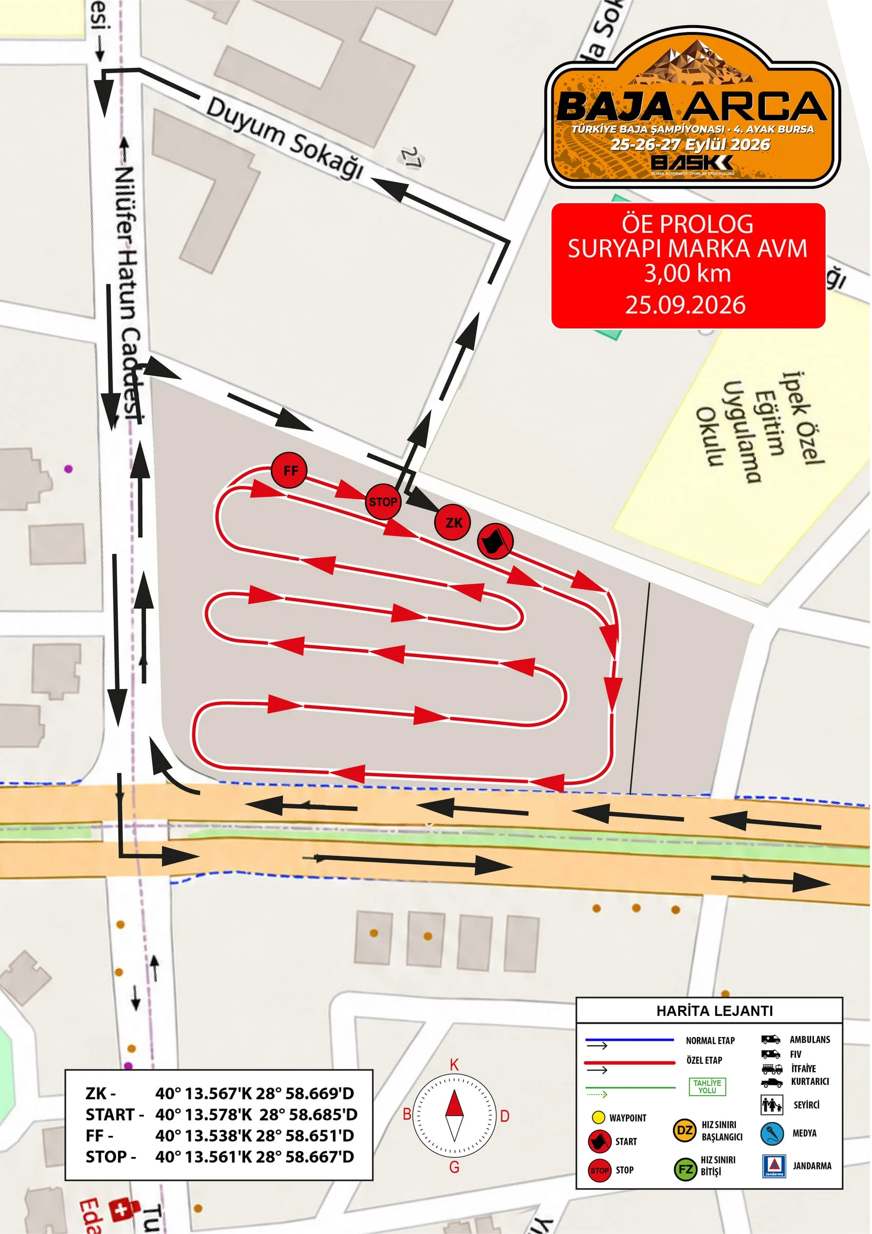 Prolog özel seyirci etabı haritası — Sur Yapı Marka AVM, 3,00 km, 25.09.2026. Nilüfer Hatun Caddesi yanındaki alanda kıvrımlı parkur; start, ZK, FF ve stop noktalarının koordinatları haritada yazılı.
